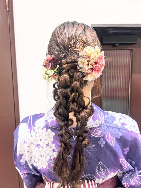 浴衣ヘアセット　三つ編み　ポニー