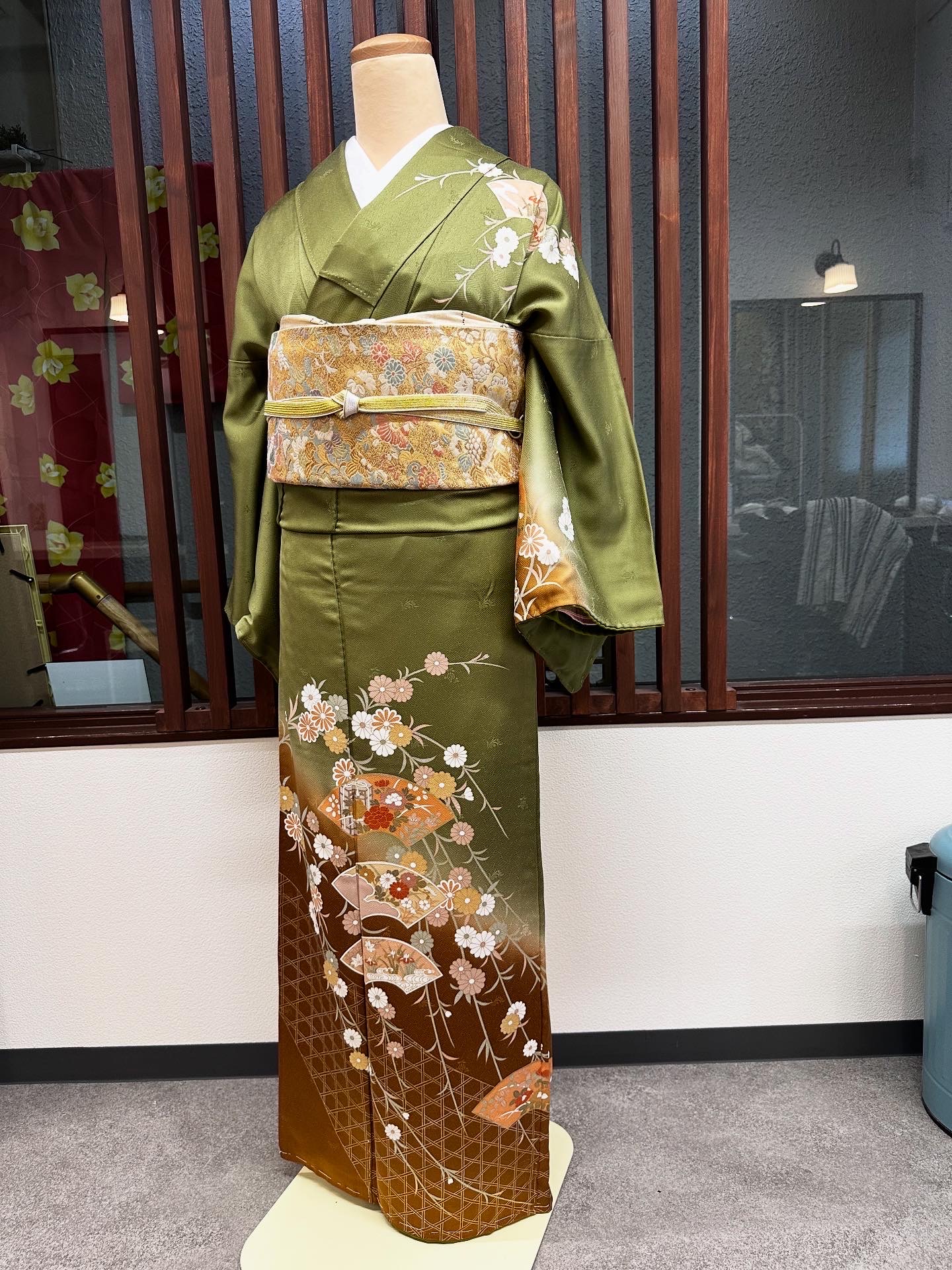 レンタル訪問着【M-12】グリーン扇面