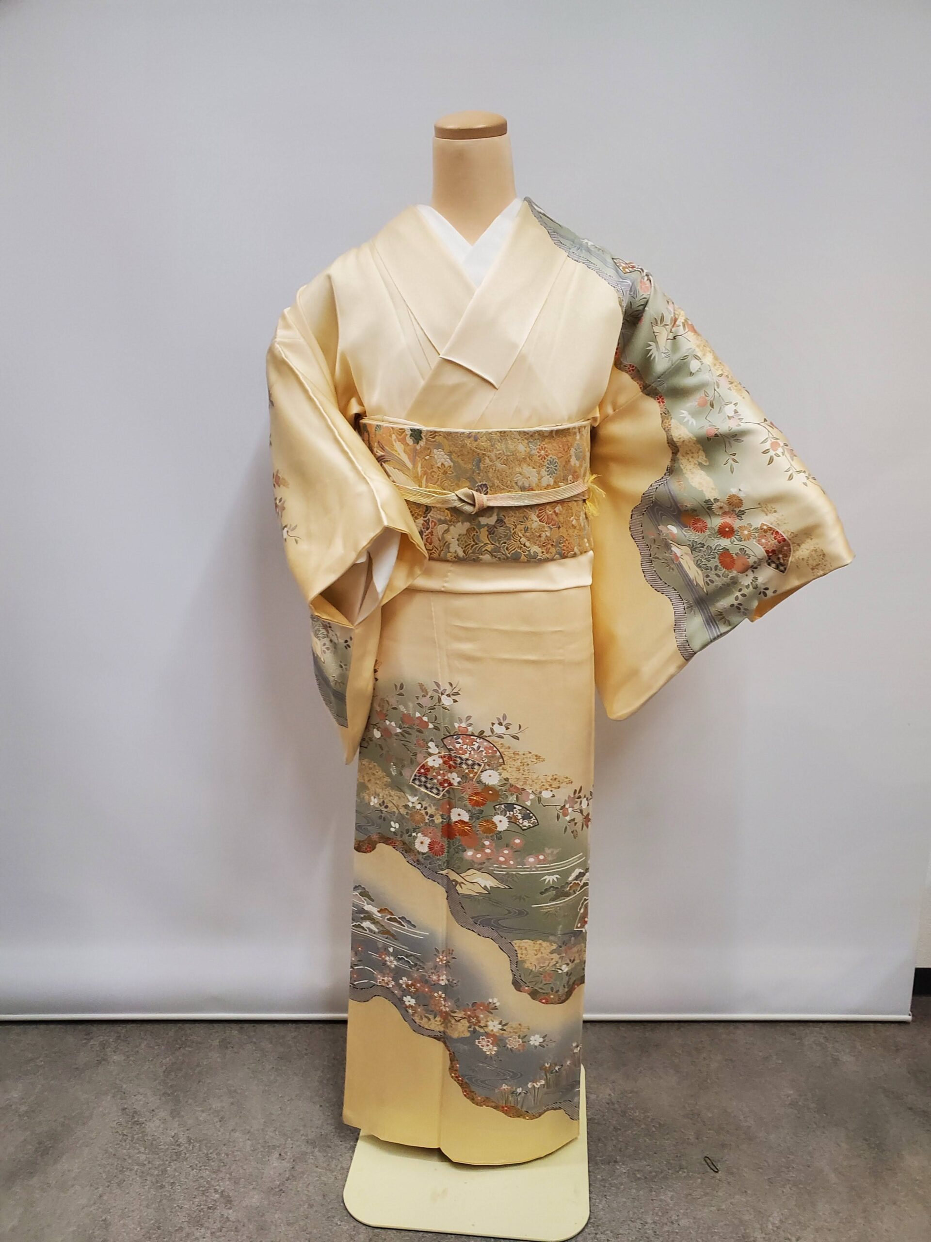 レンタル訪問着【M-3】クリーム黄色松菊