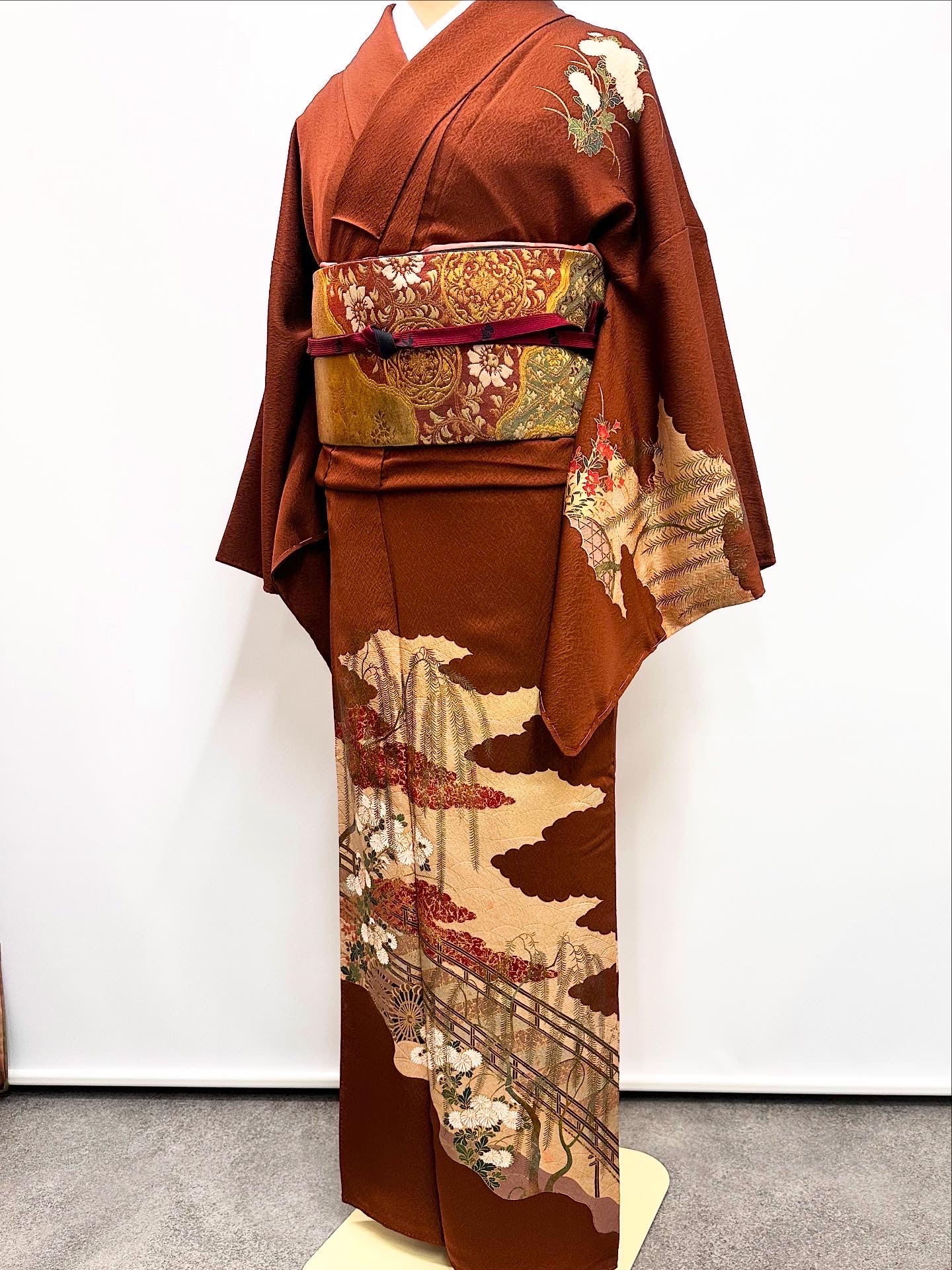 訪問着レンタル【M-6】赤茶にゴールド