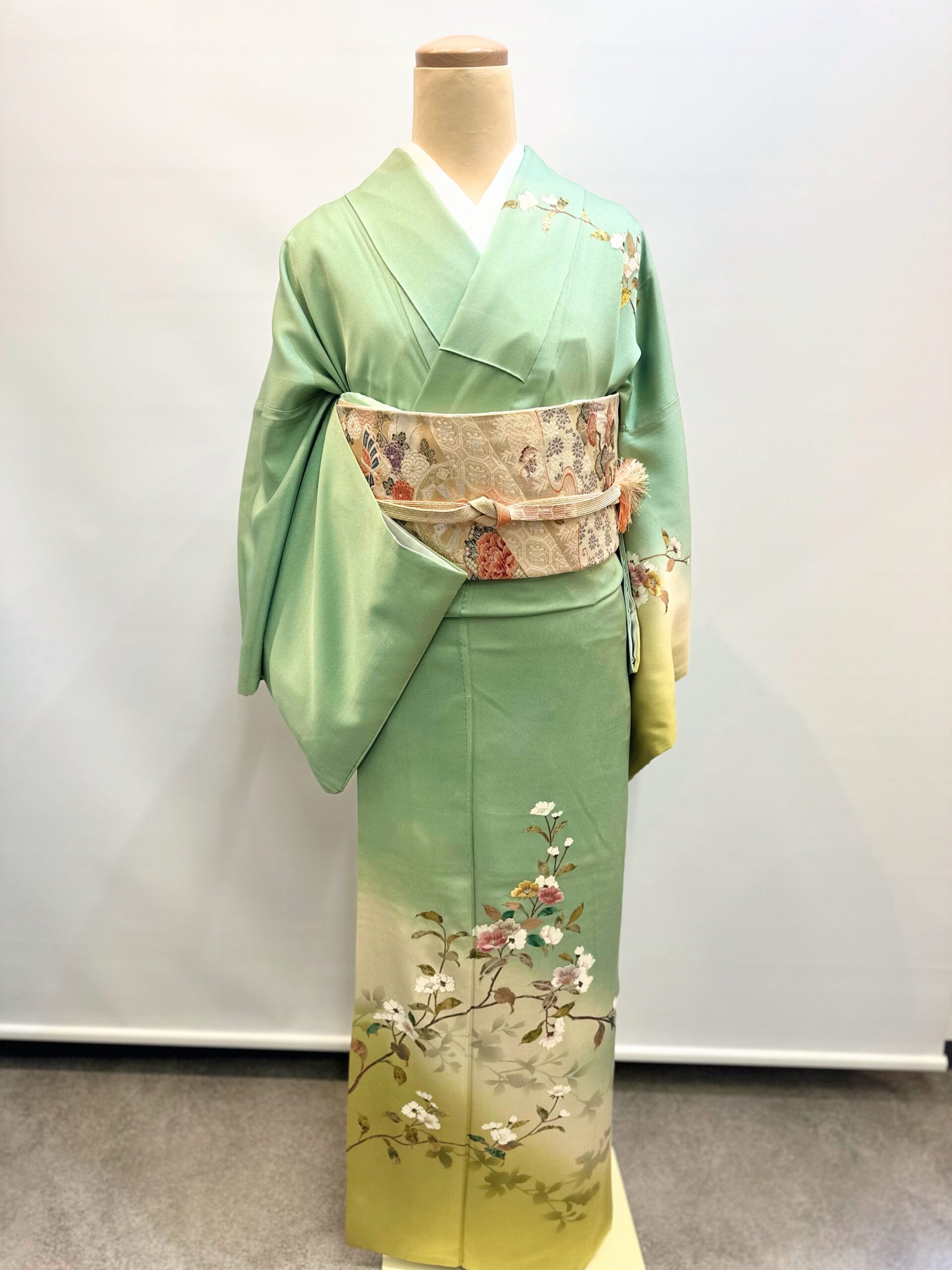 レンタル訪問着【M-2】グリーン花枝グラデーション