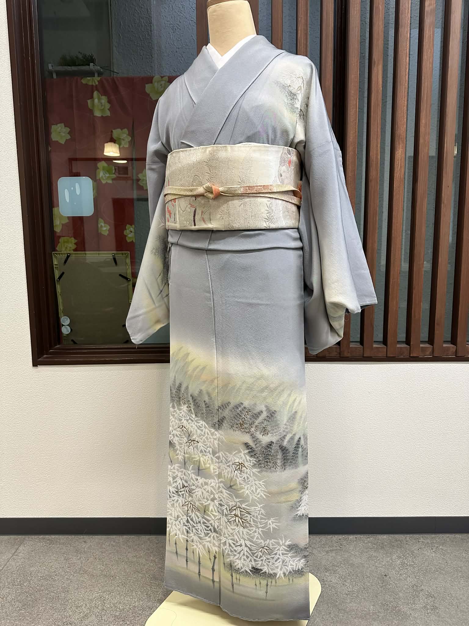 レンタル訪問着【s-3】グレーに竹模様