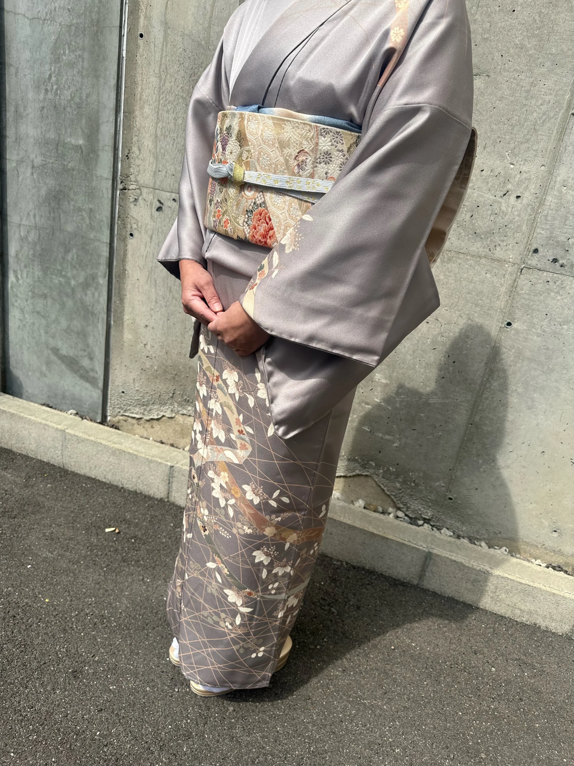 レンタル訪問着【S-1】グレー枝花模様